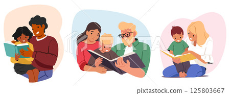 Family reading together portrait set with parents and children cartoon characters leisure activity Family reading together portrait set with parents and children cartoon characters leisure activity 125803667