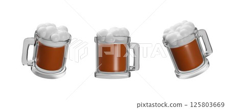 Beer mug with handle and foam 3D style vector icons set, glass with dark froth beer, projection from different sides 125803669