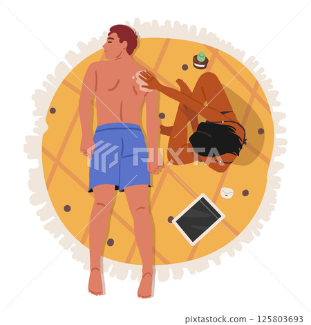 Relaxed couple rest on beach, girlfriend applying sunblock cream on boyfriend back cartoon scene 125803693
