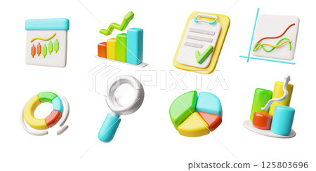 3D vector set, with different shaped graphs, magnifying glass, checklist. Financial analysis. 125803696