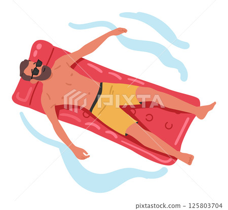Guy tourist swimming on inflatable mattress enjoying restful time on tropical resort top view 125803704