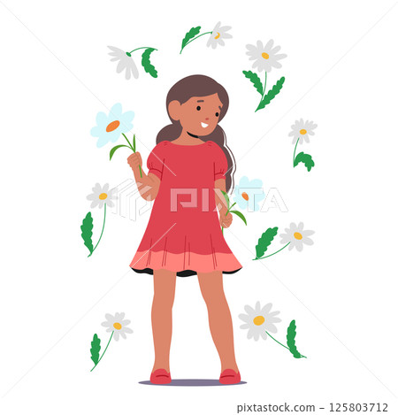 Girl child cartoon character enjoying summer nature beauty standing surrounded chamomile flowers Girl child cartoon character enjoying summer nature beauty standing surrounded chamomile flowers 125803712