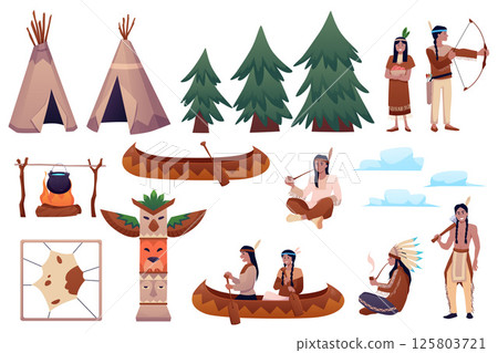 Native American Indian theme and aboriginal people flat vector icon set, teepee village, wooden boat, tribal warrior 125803721