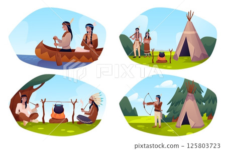Native American Indian people scenes flat vector illustration set, cartoon wigwam dwellings, teepee village, wooden boat 125803723