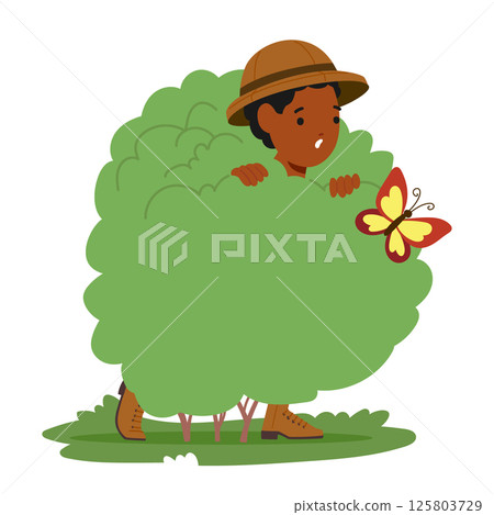Little boy scout cartoon character hiding behind bush playing game during safari trip adventure 125803729