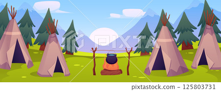 Native American village with huts and a burning fire with a cauldron. 125803731