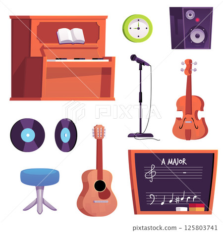 Music classroom interior items and instruments set, vector illustration. Music classroom interior items and instruments set, vector illustration. 125803741