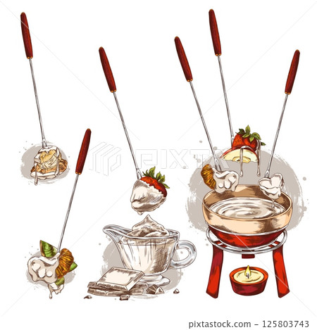 Berries and pieces of fruit with melted white chocolate on skewer hand drawn vector set, candle with fondue bowl sketch 125803743