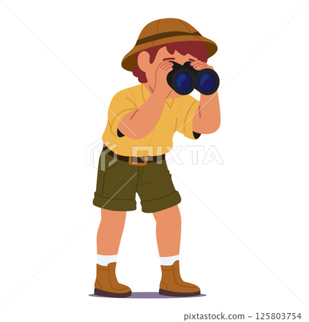 Curious boy scout cartoon character in uniform watching through binocular isolated on white Curious boy scout cartoon character in uniform watching through binocular isolated on white 125803754