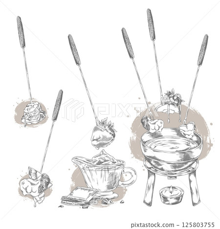 Berries and fruit pieces with melted chocolate on skewer engraved hand drawn vector set, candle with fondue bowl sketch 125803755