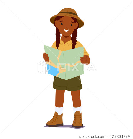 Attractive girl scout cartoon character in uniform holding paper map standing isolated on white 125803759