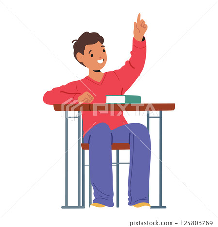 Clever schoolboy child cartoon character raising finger up having idea to answer sitting at desk 125803769