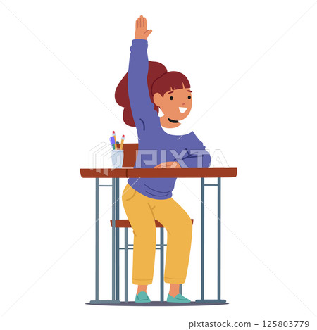 Experienced girl student cartoon character raising hand up studying hard a lesson isolated on white 125803779