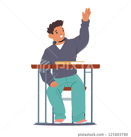 Elementary age boy student cartoon character raising hand up sitting at class desk isolated on white 125803780