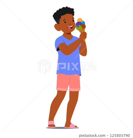Preteen boy child cartoon character licking lips in anticipation of eating sweet ice-cream snack 125803790