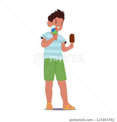 Cute hungry boy cartoon character eating chocolate and waffle cone ice-cream isolated on white 125803792