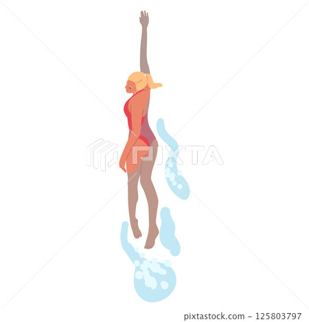 Woman cartoon character swimming alone in sea waves overhead view isolated on white background Woman cartoon character swimming alone in sea waves overhead view isolated on white background 125803797