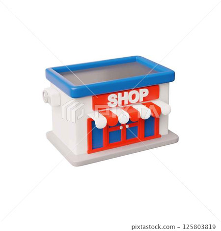 Shop building 3D plastic cartoon style vector icon, isometric house construction with red striped canopy and signboard 125803819