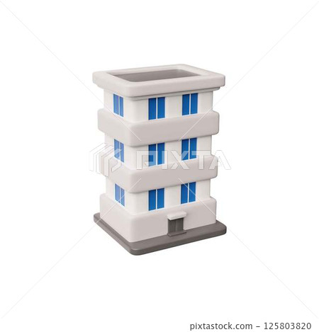 Three floors building 3D plastic vector icon, isometric white house apartment, real estate and government construction 125803820