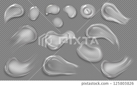 Realistic cosmetic gel drops, smeared soap or lotion bubbles vector set, glossy volume rounded lotion or cream spots 125803826