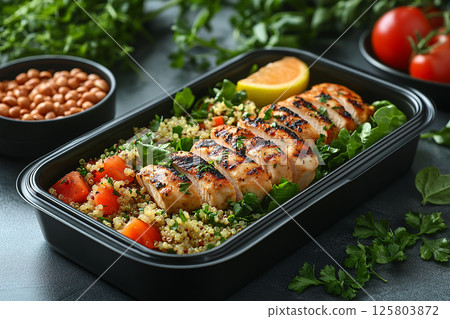 Packed office lunch box with quinoa salad, grilled chicken, mixed greens and fruit. Packed office lunch box with quinoa salad, grilled chicken, mixed greens and fruit. 125803872