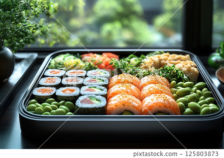 Homemade Bento lunch box. Japanese style bento box featuring sushi rolls, edamame, tamagoyaki and pickled vegetables. 125803873