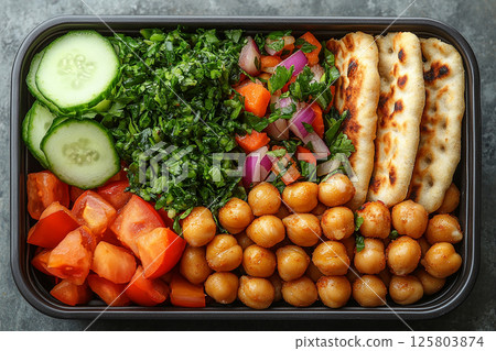 Plant based lunch box with hummus, roasted chickpeas, fresh veggie sticks and whole wheat pita bread on. Plant based lunch box with hummus, roasted chickpeas, fresh veggie sticks and whole wheat pita bread on. 125803874