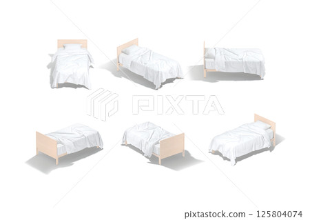 Blank single bed with white bedding mockup, different angles views Blank single bed with white bedding mockup, different angles views 125804074