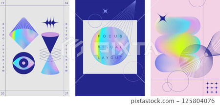 Modern digital art posters with abstract geometric holographic gradient shapes 125804076