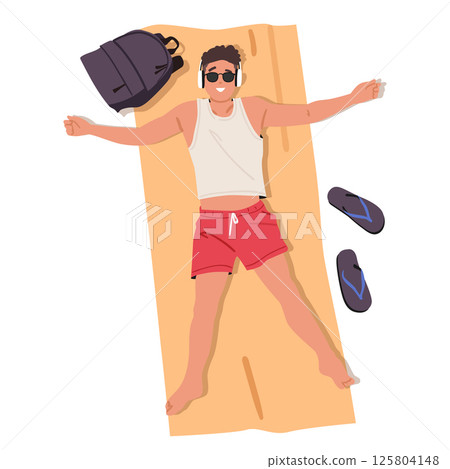 Young guy cartoon character sunbathing lying on beach blanket listening music and relaxing 125804148