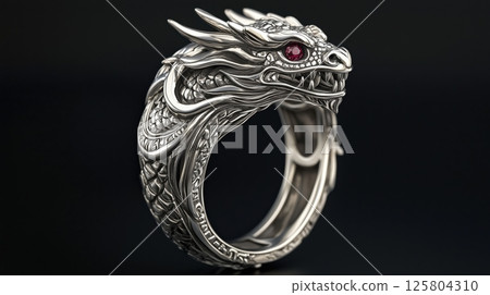 A luxurious dragon ring that stands out against the jet black background 125804310