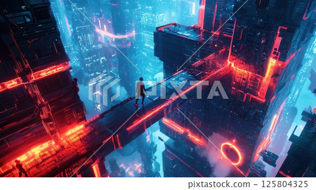Travelers travelling through the sky corridors of a futuristic city 125804325