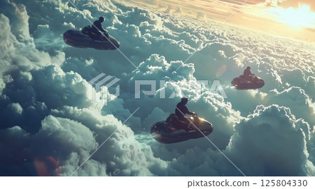 A futuristic hoverbike races through a sea of clouds 125804330
