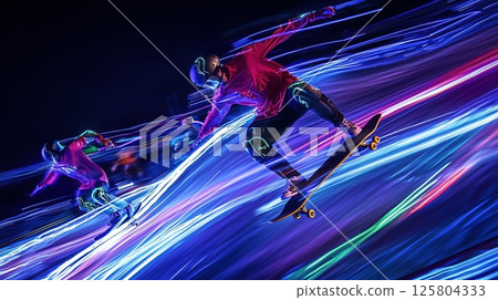 Cyber skateboarder gliding along a trail of light 125804333