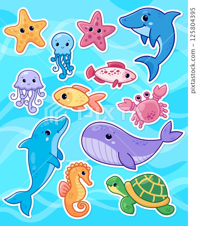 Set of cute cartoon sea animals. Sticker design. Vector characters 125804395