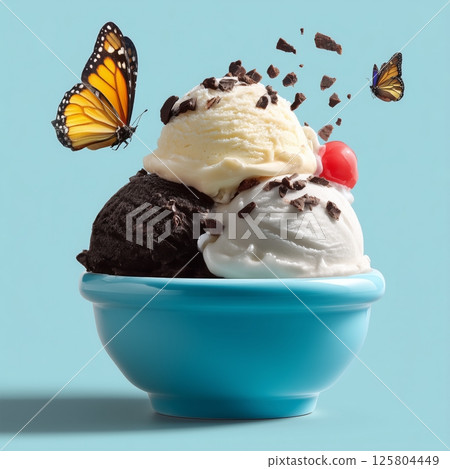 Enjoying a colorful bowl of chocolate, vanilla, and strawberry ice cream 125804449