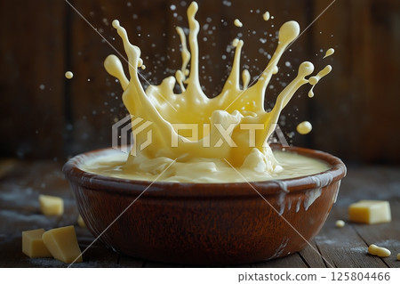 Creamy liquid splashes from wooden bowl on rustic table during food preparation 125804466