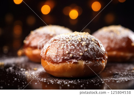 Glazed donuts with powdered sugar on plate, sufganiyot for hanukkah. Background is blurred with 125804538