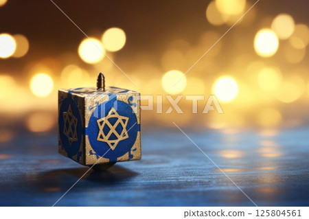 Festive and magical image of blue and gold dreidel on wooden table with blurred bokeh lights in 125804561