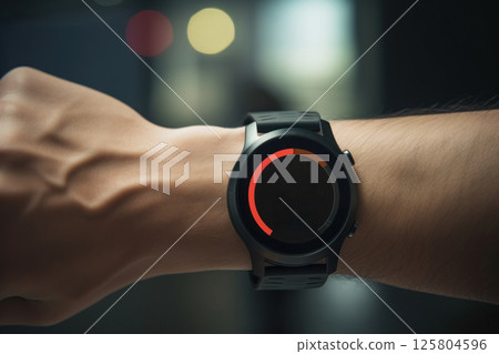 Man wearing black smartwatch mockup, modern and futuristic wristwatch, fitness tracker 125804596