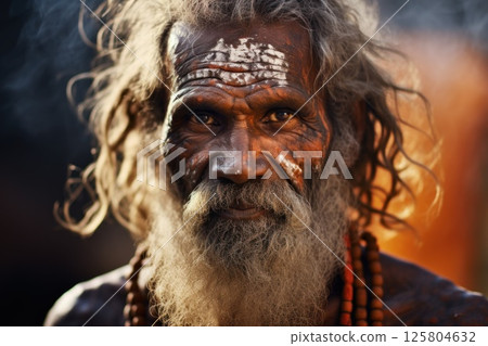 Portrait showcasing the rich heritage of Australian Aboriginal indigenous culture. Man adorned with Portrait showcasing the rich heritage of Australian Aboriginal indigenous culture. Man adorned with 125804632