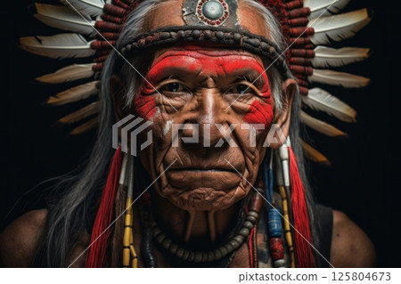 Portrait capturing the essence of indigenous culture. Man adorned with traditional feathered 125804673