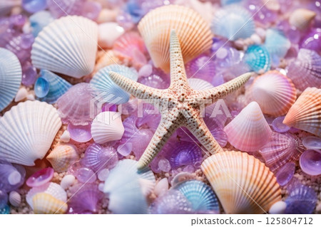 Starfish and various seashells macro background. Sshells have different shapes, colors and textures 125804712