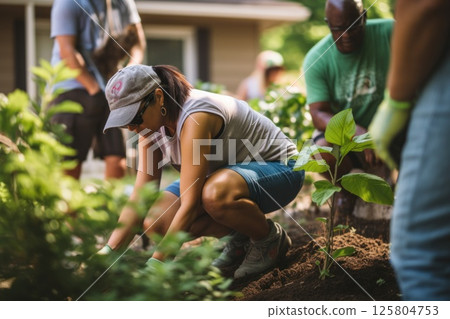 Group of volunteers work together to plant and care for community garden with variety of plants and 125804753