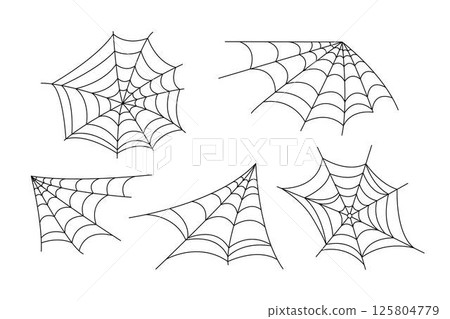 Spider webs set simple hand drawn outline vector illustration of doodle fancy Halloween scary decor elements, clipart perfect for Halloween party design, cartoon spooky character 125804779