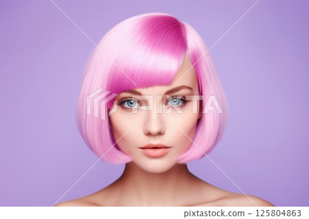 Beautiful woman with smooth healthy face skin and bob hairstyle and smiling on lilac background 125804863