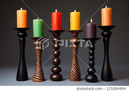 Seven colorful candles in unique wooden candlesticks which have different shapes and designs. The 125804864