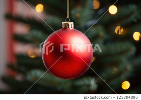 Red Christmas bauble on green pine tree, sparkling bokeh lights on background, magical, cozy and 125804890