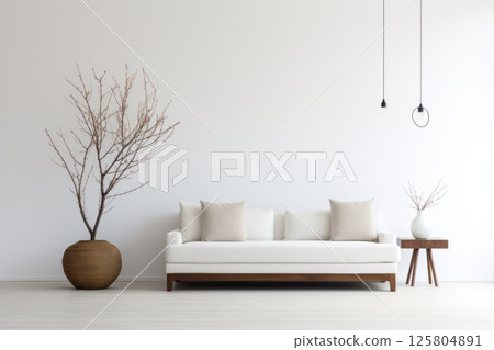Simple living, minimalist home design. modern and minimalist living room interior. The white sofa is Simple living, minimalist home design. modern and minimalist living room interior. The white sofa is 125804891