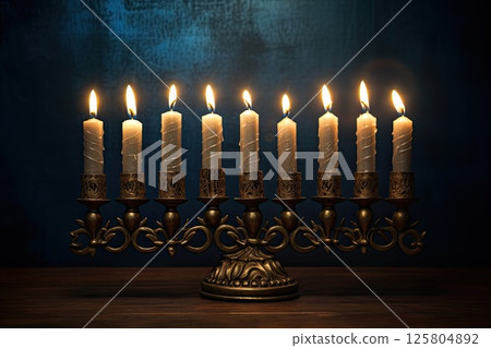 Brass menorah with nine candles on dark background, antique design with curved base, burning candles Brass menorah with nine candles on dark background, antique design with curved base, burning candles 125804892